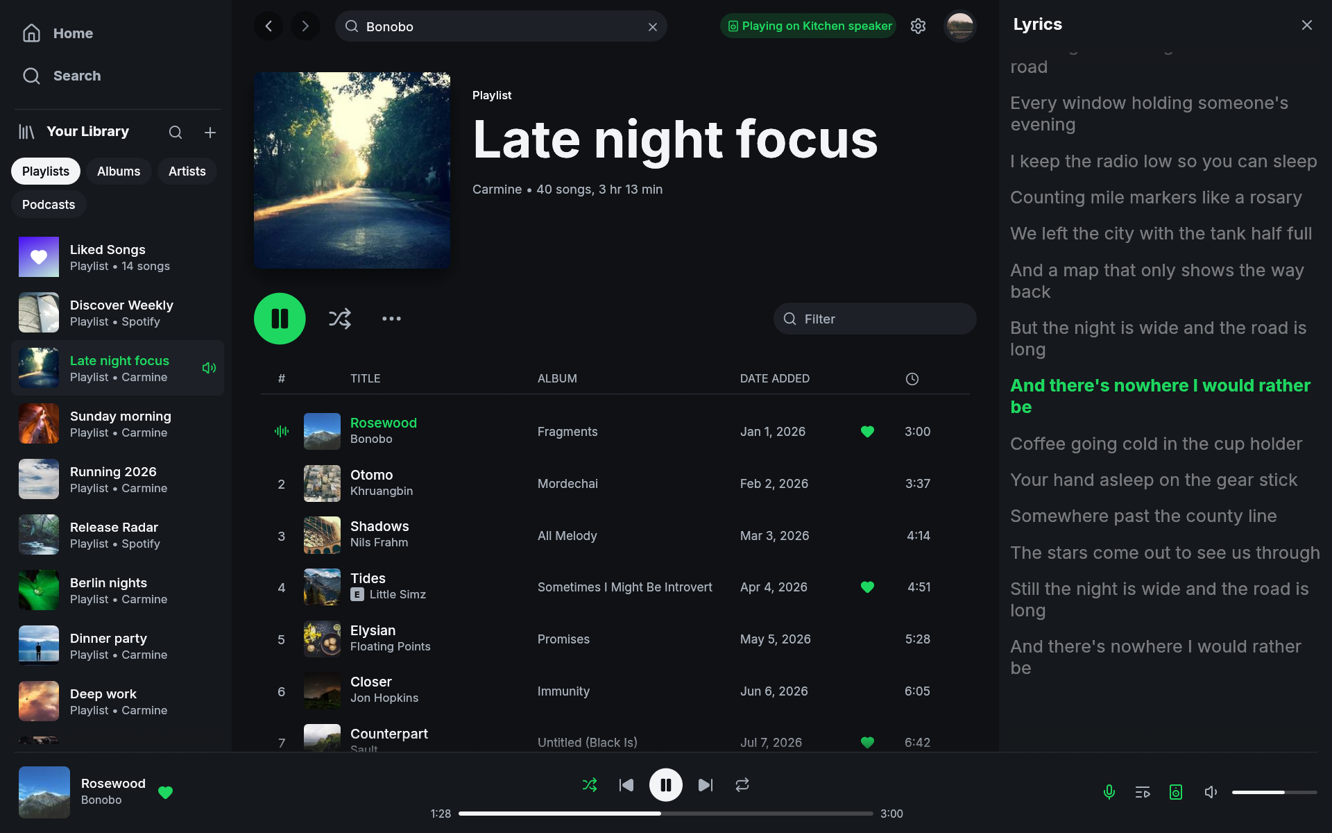 Woofer's lyrics panel following a song beside a playlist.