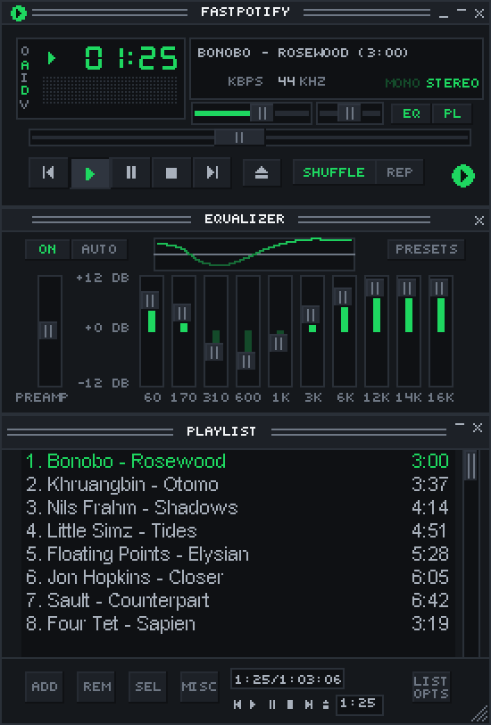 Woofer's compact Winamp-style player with an equalizer and playlist.